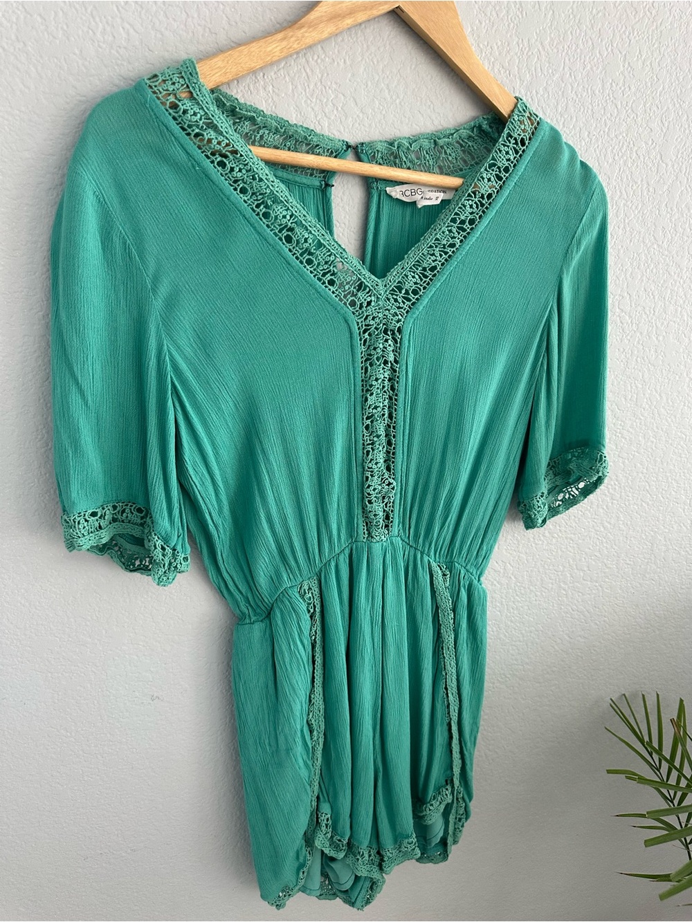 BCBGeneration Teal Lace-Trim V-Neck Romper